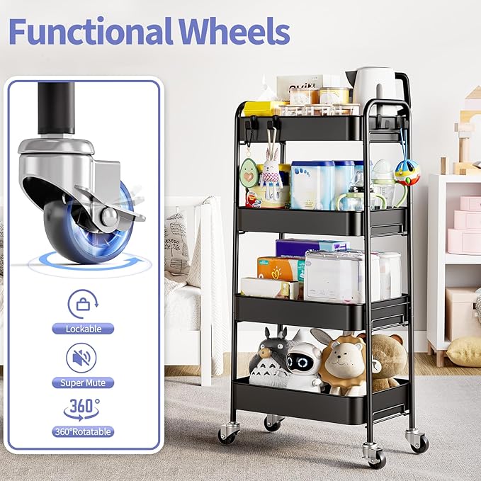 TOOLF 4-Tier Rolling Cart - Metal Storage Organizer with Lockable Wheels, 44 lbs Per Shelf Capacity, Tool-Free Assembly, for Kitchen Bathroom Office Laundry Room Nursery, Black