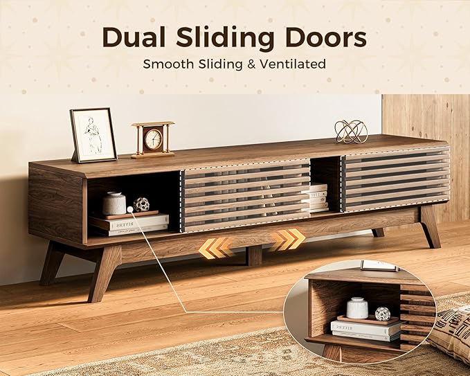 AODK 59" TV Stand for 55"/60"/65" TVs, Mid-Century Modern Fluted Entertainment Center with Sliding Doors, Storage Cabinets & Media Console Table, Living Room & Bedroom, Walnut