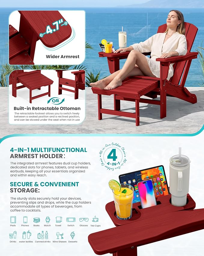 SERWALL Folding Adjustable Adirondack Chairs with Footrest Set of 4, HDPE Outdoor Chair with 4-in-1 Cup Holders, All Weather Adirondack Chair with Ottoman, Red