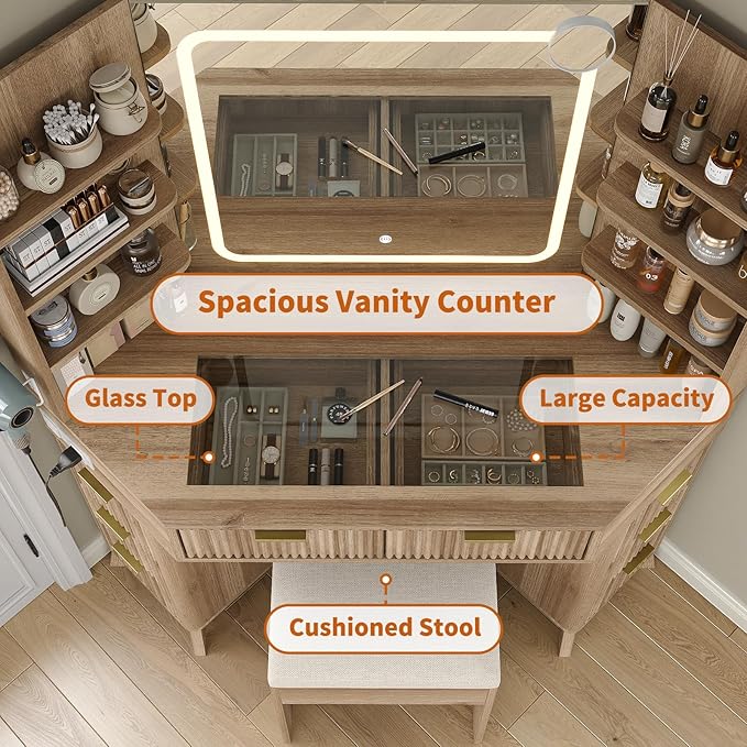 Yanosaku Corner Vanity Desk with Mirror and Lights, 8 Drawers & 6 Shelves, 47” Fluted Vanity with Charging Station, Glass Top, 3 Color Lighting Modes, Makeup Vanity with Chair for Bedroom, Oak