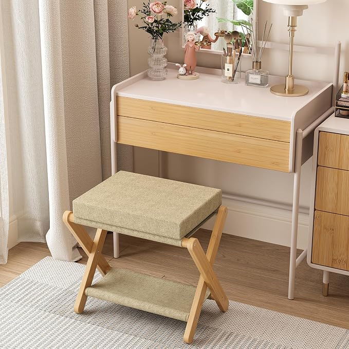 Trironsun Foldable Bamboo Foot Stool Ottoman Double-Layer X Legs Folding Footrest with Padded Cushion Small Upholstered Ottoman for Bedroom Living Room Vanity or Couch (Natural Bamboo)
