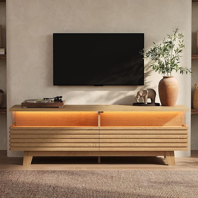 HAUOMS 59" TV Stand for Living Room with Cable Management, Hidden Power Station, LED Lights, Media Console up to 70", Entertainment Center, Fluted Modern TV Cabinet with Storage, Anti-Tip, Oak
