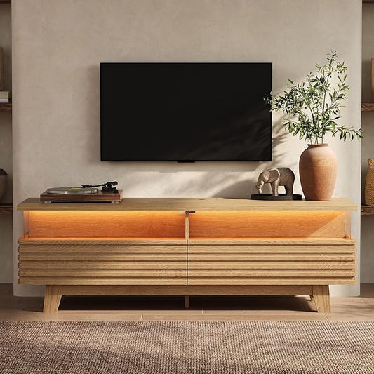 HAUOMS 59" TV Stand for Living Room with Cable Management, Hidden Power Station, LED Lights, Media Console up to 70", Entertainment Center, Fluted Modern TV Cabinet with Storage, Anti-Tip, Oak