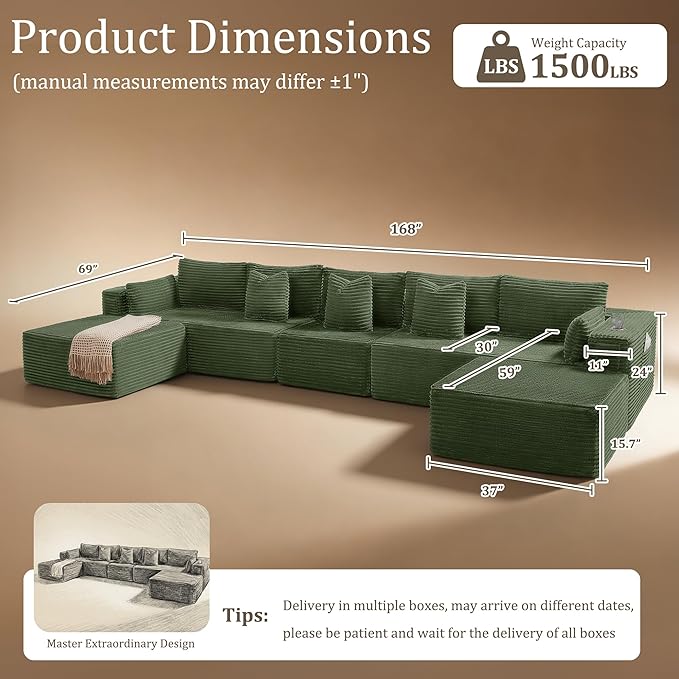 168" Cloud Sectional Couch, Comfort U Shaped Sofa for Living Room, Extra Deep Seats No Assembly, Minimalist Modular Couch, Corduroy (Olive Green, 7 Seats,U-Shape A)