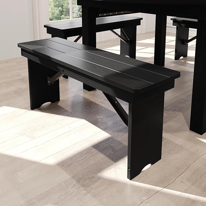 Flash Furniture Hercules Commercial Farmhouse Folding Bench, Antique Solid Pine Entryway Bench, Foldable Locking Legs, 40" x 12", Black Wash