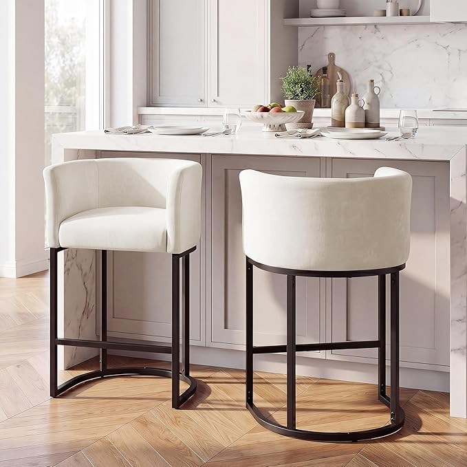 GRUSIGN Chenille Counter Height Bar Stools Set of 2, 26" Kitchen Island Stools with Arms & Footrest, Upholstered Barrel Back Bar Chairs for Kitchen， Dining Room, Bar & Lounge Area, 450 lbs, Off-White