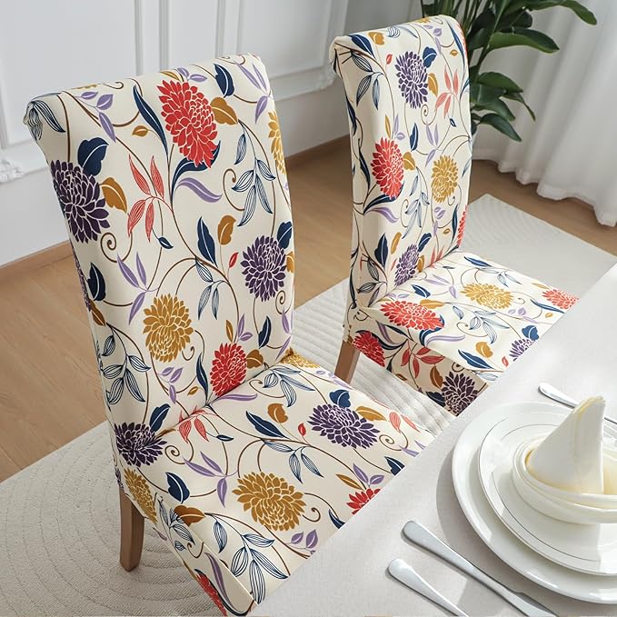 FORCHEER Dining Room Chair Covers Se of 4 and Bench Cover Waterproof Parson Chair and Bench Slipcovers Set Washable (Waterproof Printed-Flowers)