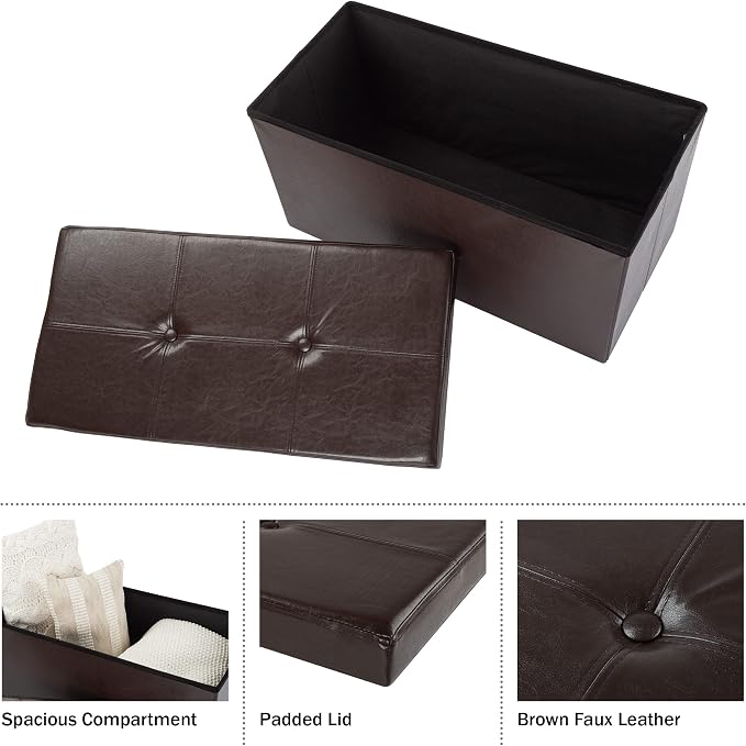 Storage Ottoman - 30-Inch Folding Faux Leather Footrest, Linen Chest, or Bench with Removable Bin for Living Room or Bedroom by Lavish Home (Brown)