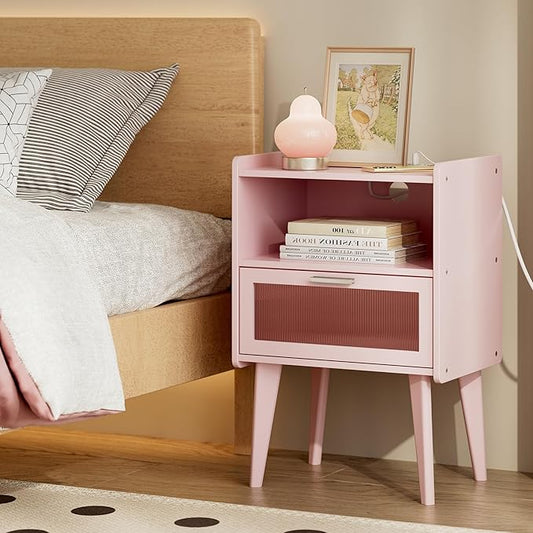 MMEOLUOOK Nightstand with Charging Station, Bedside Tables Pink End Table Side Table with 2 Tiers Storage Space, for Bedroom Living Room MLBZ07PE