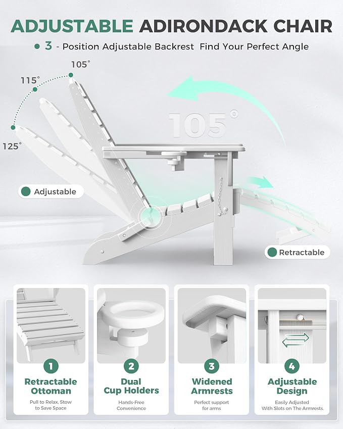 Adjustable Adirondack Chairs Set of 6 with Retractable Ottoman, HDPE Folding Adirondack Chair with Cup Holders, Weather Resistant for Backyard, Poolside & Fire Pit (White)