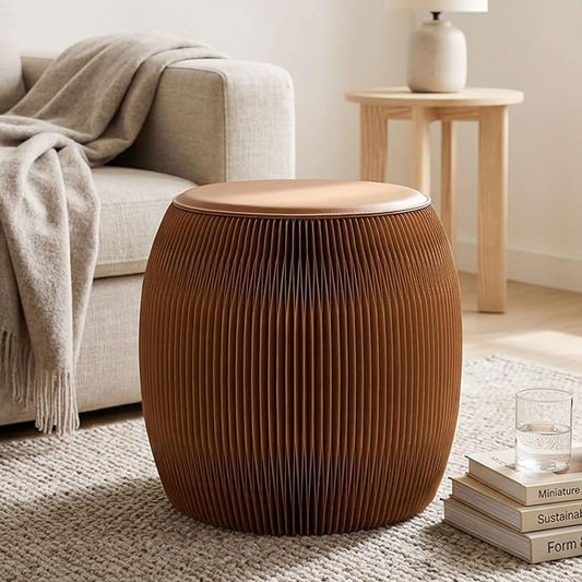 Drum-Shaped Collapsible Accordion Folding Stool, 660lbs Weight Capacity Kraft Paper Ottoman Seat with Cushion, Portable Space-Saving Foot Rest Stool for Home, Dorm & Office (15 Inch, Brown)