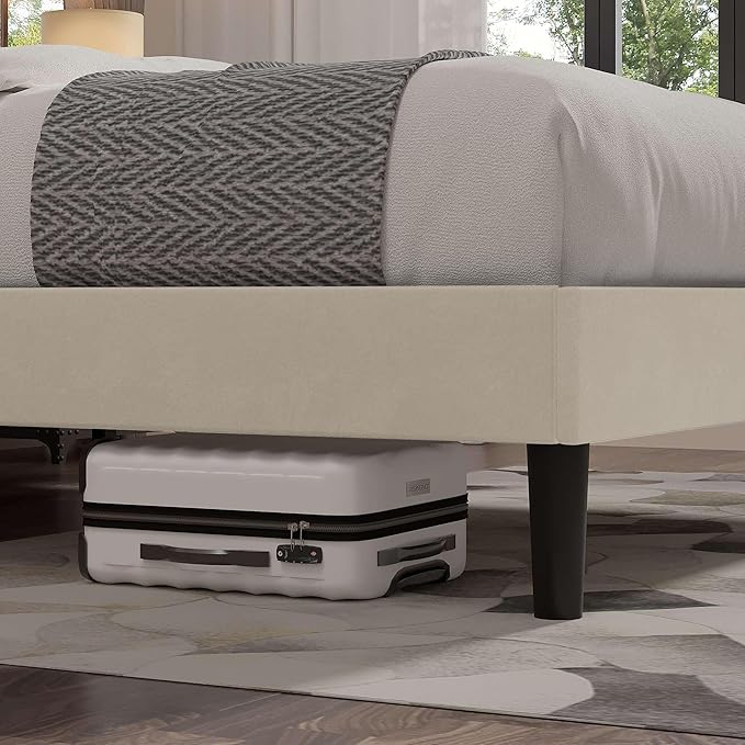 VECELO Queen Size Bed Frame with Upholstered Headboard, Velvet Platform Bedframe Mattress Foundation, Strong Wood Slat Support, No Box Spring Needed,Bone Beige