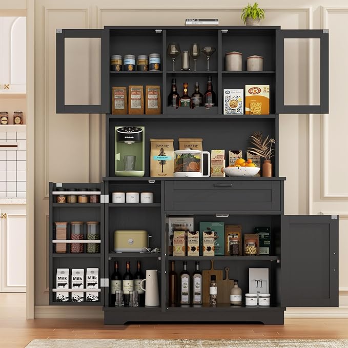 Vongrasig Tall Pantry Cabinet, Kitchen Storage Cabinet with Display Door,Farmhouse Kitchen Hutch with Adjustable Shelves for Dining Room, Black