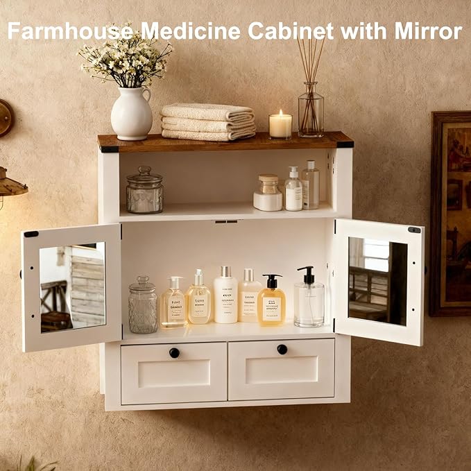 M METERXITY Bathroom Wall Cabinet, Farmhouse Medicine Cabinet with Mirror, Drawer, Barn Doors, Over the Toilet Storage Cabinets Wall Mounted for Bathroom Kitchen Laundry Entrance, Rustic