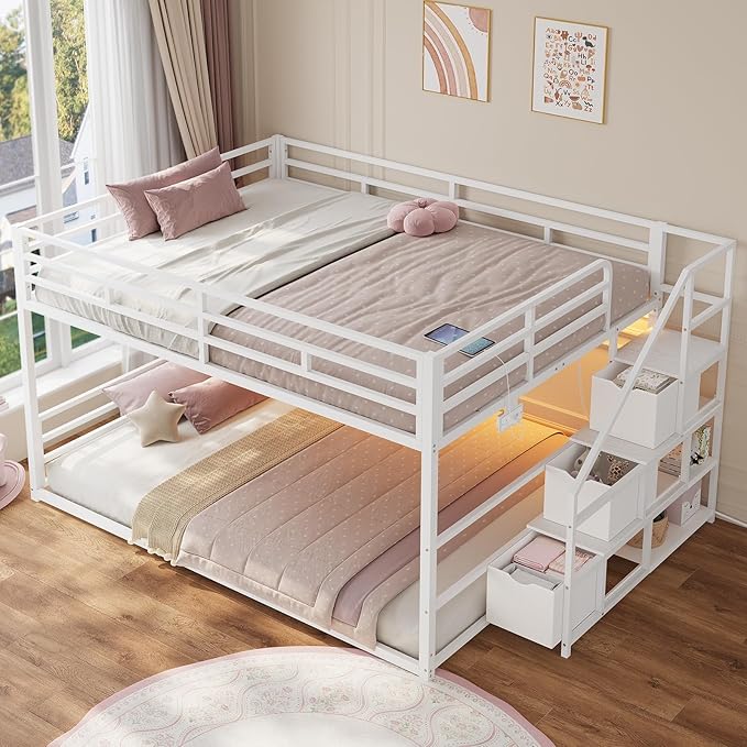 ADORNEVE Low Bunk Bed Full Over Full with Stairs, 3 Storage Drawers & Power Outlet, Full Size Metal Floor Bunk with RGB Lights & Shelves, Space-Saving Kids Bed, White