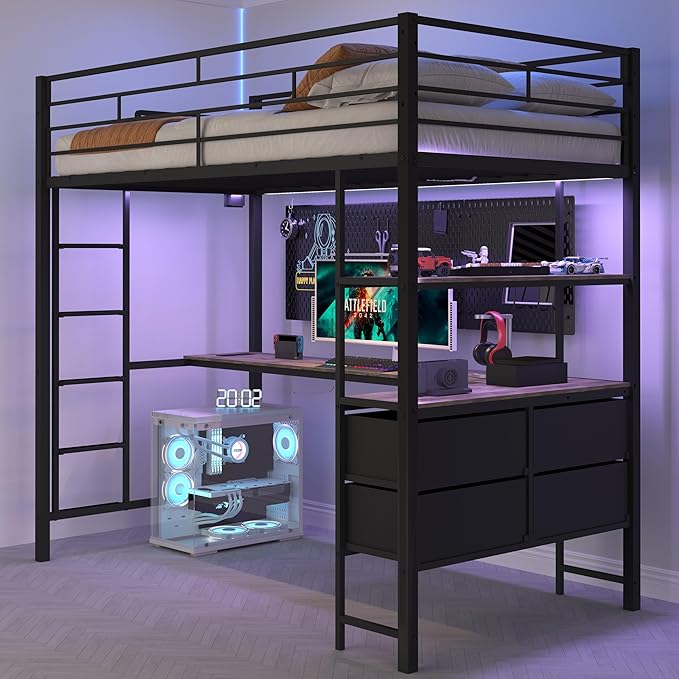 VINGLI Twin Metal Loft Bed Frame with 15 Inches Safety Guardrail, Non-Slip Ladder, 2 Charging Stations, L-Shaped Desk, Storage Shelve, 4 Drawers, LED Lights, for Kids, No Box Spring Needed, Black