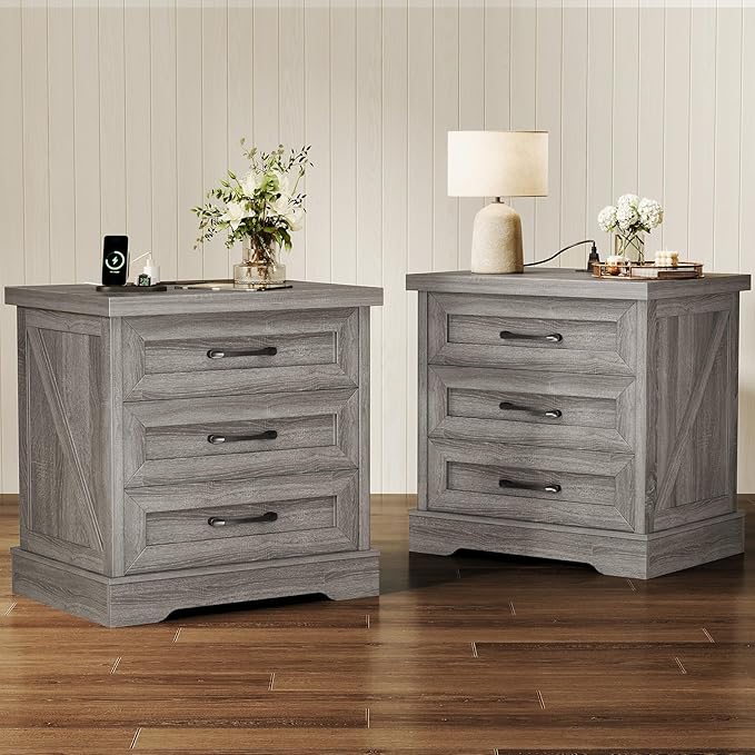 AODK Farmhouse Nightstands Set of 2, 24 Inch Bedside Tables with Charging Station, End Tables with Three Drawers, Bed Side Tables with Outlet and USB for Bedroom & Living Room, Oak Grey