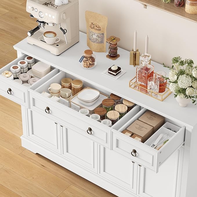 FINETONES Buffet Cabinet with Storage, 52.7" Large Sideboard Buffet Cabinet, White Kitchen Cabinet with 3 Drawers and 4 Doors, Wood Coffee Bar for Kitchen Dining Room, White
