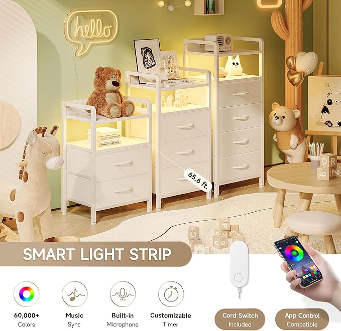 Lazzanto Night Stand Bedside Charger Bedroom - Nightstand with Charging Station, 2 U-S-B Ports & 2 AC Outlets, Tall Bed Side Table with LED Light Strip, Storage Shelf & 4 Fabric Drawers, White