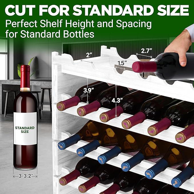NutriChef 72 Bottle Wine Rack Stackable Bamboo Freestanding, 8-Tier Modular Shelf, Sturdy Wobble Free, Upgraded 2026 Design, Easy No-Tool Assembly for Kitchen, Cellar or Bar 33.5" x 10" x 41" (White)