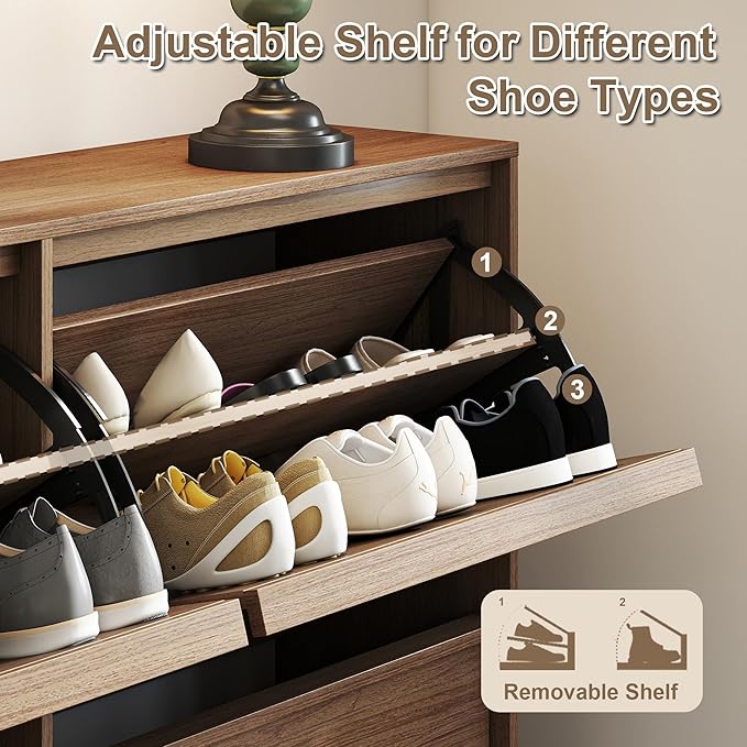 Shoe Storage Cabinet for Entryway with 4 Flip Drawers, Wooden Shoe Organizer Cabinet with Adjustable Shelf, Slim Freestanding Shoe Rack for Entryway, Hallway, Living Room, Walnut