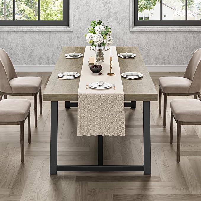 IRONCK 71" Dining Table for 6-8 People, Industrial Kitchen Table with Sturdy Metal Frame, Rectangular Grey Wood Dinner Table for Dining Room
