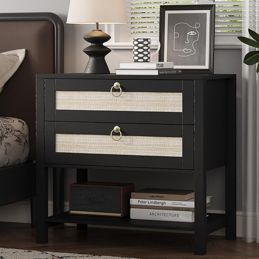 Xixini Nightstand wih 2 Drawers & Open Shelf, 27" Wide Rattan Boho Bedside Table with Brass Knobs, Small Mid Century Modern Night Stand, Wooden End Side Table for Bedroom, Living Room, Closet, Black
