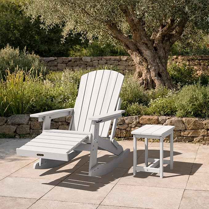 Adjustable Adirondack Rocking Chair with Retractable Ottoman Footrest, 4-in-1 Foldable HDPE Outdoor Rocker, Weather Resistant Adirondack Chair for Porch, Garden & Poolside, White