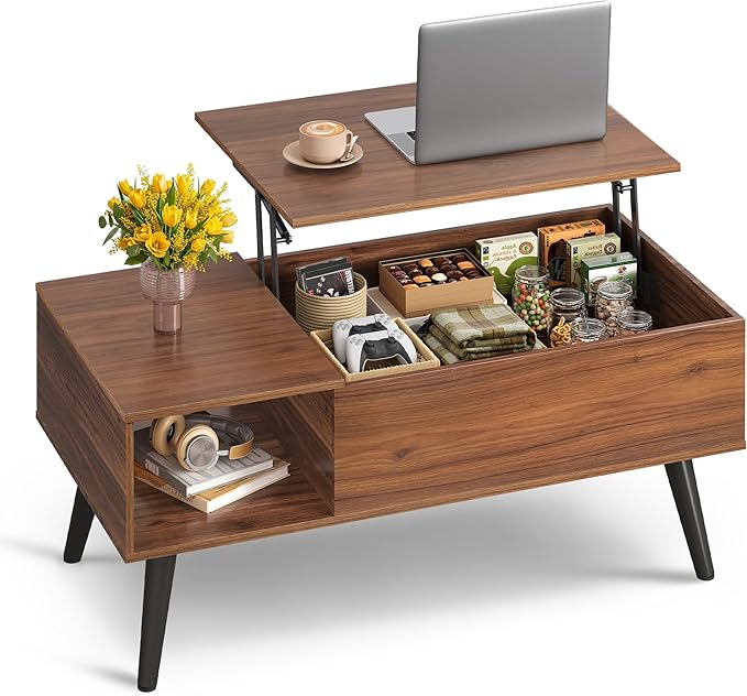 WLIVE Coffee Table for Living Room, Lift Top Coffee Table with Storage, Small Rising Wooden Dining Center Table with Storage Shelf & Hidden Compartment, 39" Brown