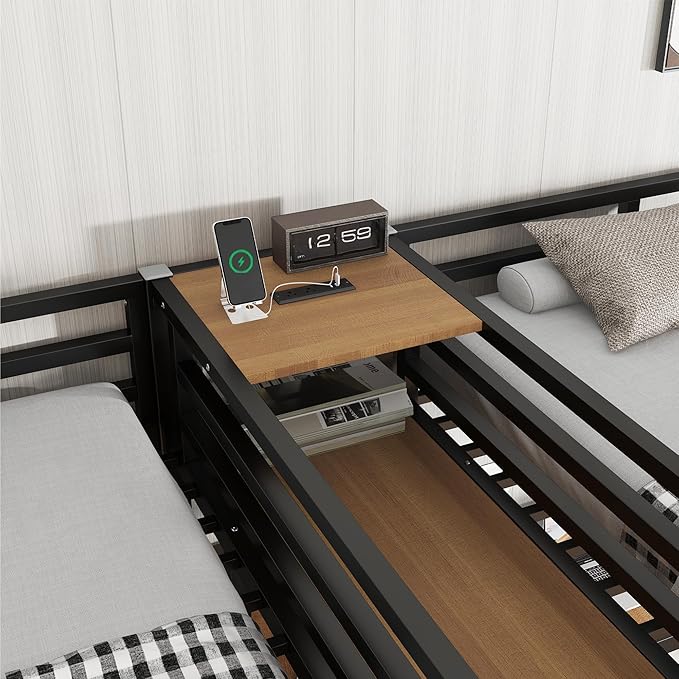 Harper & Bright Designs Twin Over Twin Loft Bed with Desk and Shelves, Metal Loft Bed with Wardrobe and Charging Station for Kids Teens, Space Saving, Noise Reduction, Black+Nature