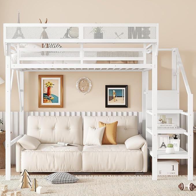 KEIKI Twin Size Metal Loft Bed Frame with Convertible Staircase, Built-in Storage Shelves & Wardrobe, Loft Bed with Solid Slats & Guardrail, No Box Spring Required, Easy Assembly, for Bedroom, White