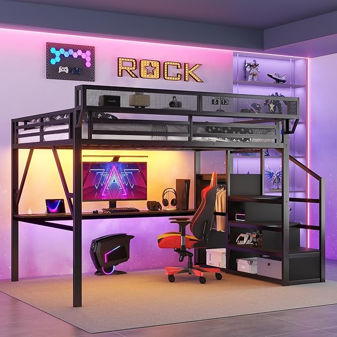 Mirightone Full Size Loft Bed with Desk and Light, Metal Loft Bed Frame with Stairs and Bedside Shelf, Tall Lofts Beds with Storage Shelves and Wardrobe for Kids Teens, Black