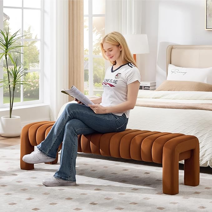 63’’ Bedroom Bench, Upholstered End of Bed Bench with Solid Wood Legs, Modern Long Dining Bench with Full Covered Fabrics for Entryway, Bedroom, Living Room (Brown, Velvet)