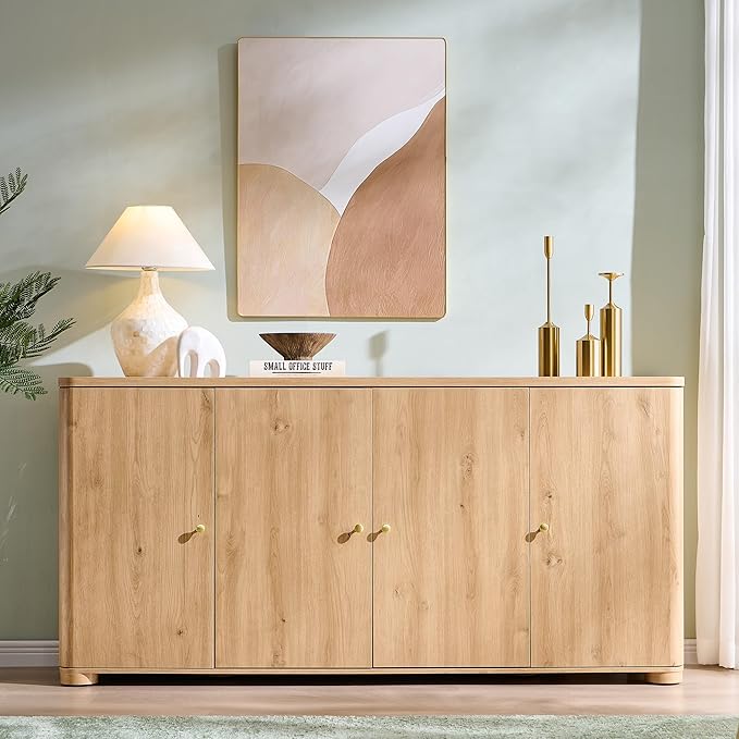 IFGET Curved Buffet Cabinet with Doors, 66" Large Sideboard Buffet Storage Cabinet with 4 Doors and Shleves, Modern Coffee Bar Station Wood Kitchen Table for Kitchen, Dining Room, Natural