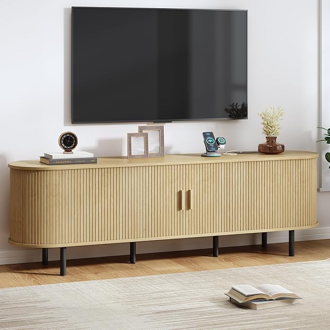 70.8" TV Stand with Power Outlet, Mid-Century Modern Television Stand, Fluted Media Console with Sliding Doors, Entertainment Center for TVs up to 60 Inch, Adjustable Shelves, Oak
