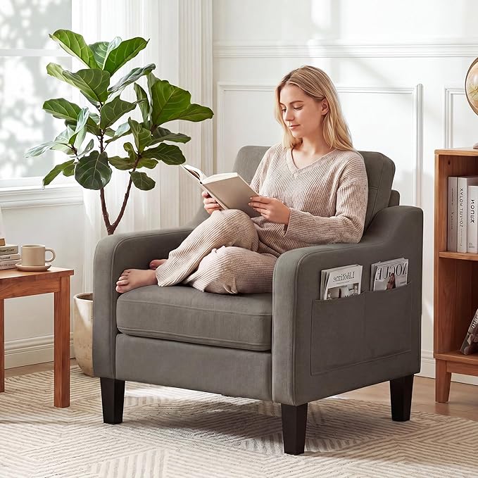 Accent Chair for Living Room, Mid-Century Upholstered Armchair with Foldable Table & 2 Side Pockets, Modern Linen Wooden Sofa Chair for Bedroom & Reading Room, Brown