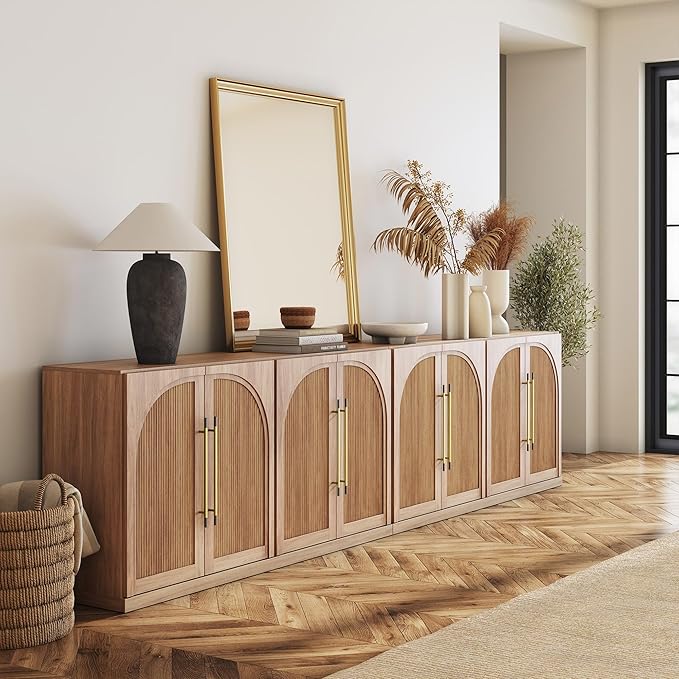 BELLEZE Set of 2 65" Sideboard Cabinet with Double-Arc Wood Doors, Large Buffet Cabinet with Storage and Adjustable Shelves, Classic Modern Console Table for Dining Room Living Room Entryway (Camel)
