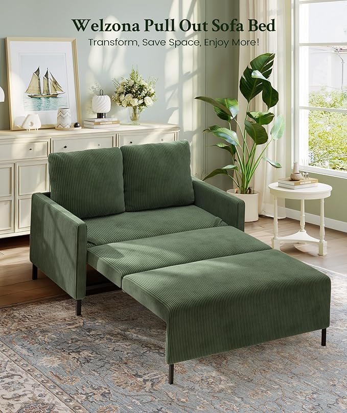 Welzona 47.2" Convertible Sofa Bed Couch, Comfy Corduroy Loveseat Sleeper Sofa, 620lbs Capacity Couch Bed, Easy Setup Love Seat Sleeper Bed with 2 Pillow, Small Couches for Living Room/Office, Green