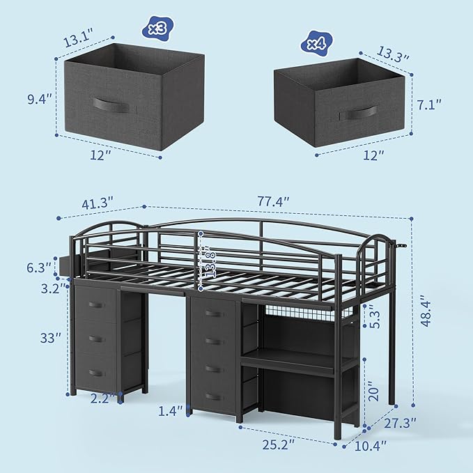 Twin Low Loft Bed with Desk, 7 Storage Drawers & LED Lights, Kids Metal Loft Bed with 13.8" H Safety Guardrail, Underbed Play Space & Curtain, Anti-Collision Pad (Black)