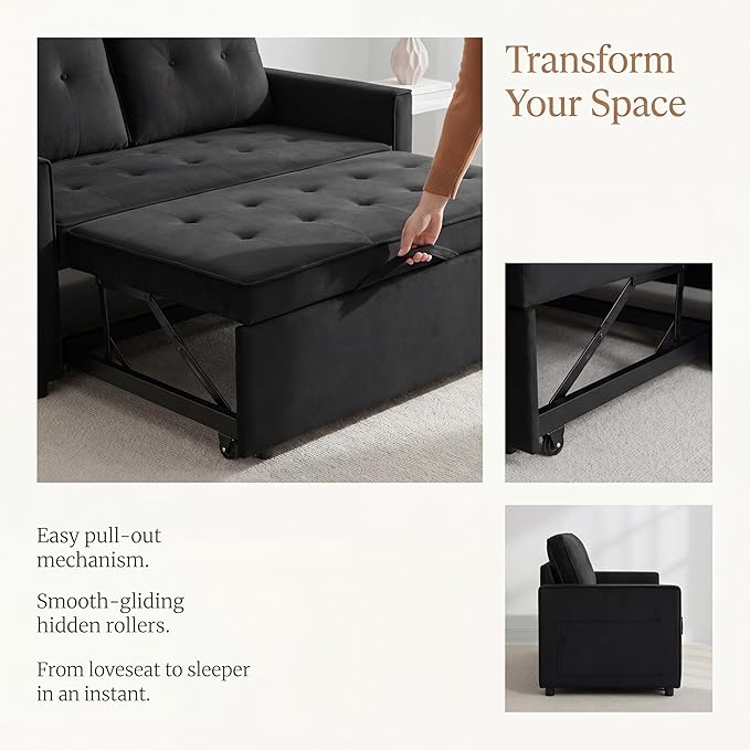 Convertible Sofa Bed, Pull Out Couch with Side Pockets, 3 in 1 Velvet Fabric Loveseat Sleeper Sofa Bed, Pull Out Couch with Adjustable Backrest for Living Room, Bedroom, Apartment, Light Gray
