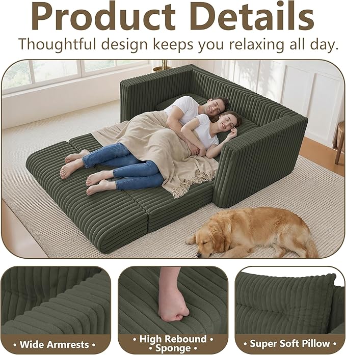 HABUTWAY 49.8" Loveseat Boneless Couch, 4-in-1 Convertible Sofa Bed, Plush Fur Folding Futon Sofa Bed Couches with a Pillow for Living Room, High-Density Foam Support, No Assembly Required, Green