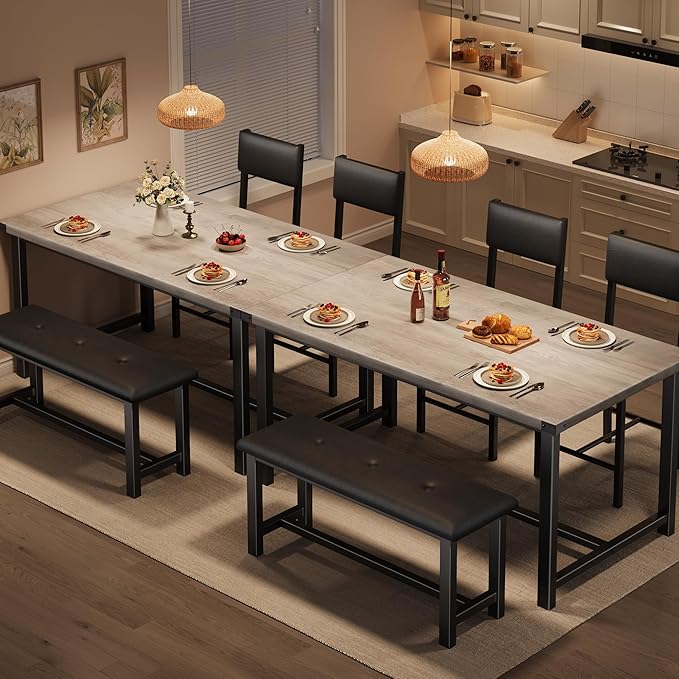GarveeHome Dining Table Set for 4, Kitchen Table with 2 Upholstered Chairs and Bench, Wood Kitchen Dining Room Set, for Small Space, Apartment, Home, Kitchen, Retro Gray