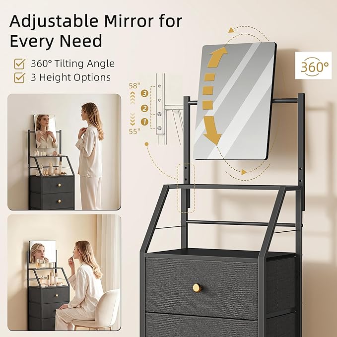 HIGDBFE 4-Drawer Dresser with Mirror, Vanity with 2-Tier Shelves, Fabric Chest of Drawers for Small Space, Vertical Storage Cabinet for Bedroom, Nightstand Bedside Table Furniture, Black, 15.3" W