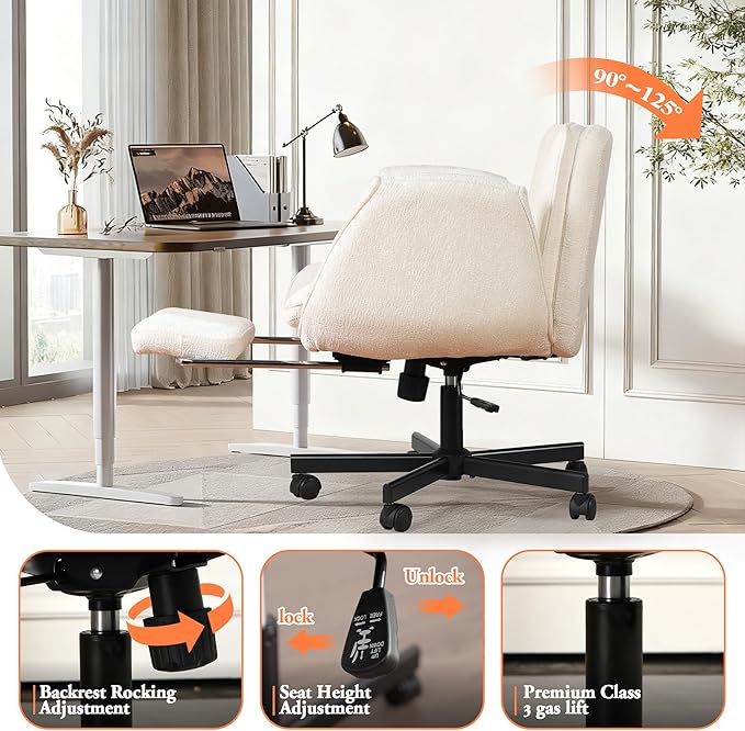Criss Cross Chair with Footrest & 5 Level Folding Arms Full Relaxation, Wide Cross Legged Office Chair for Home Office, Comfy Swivel Desk Chair with Ottoman, Chenille Vanity Chair (White)