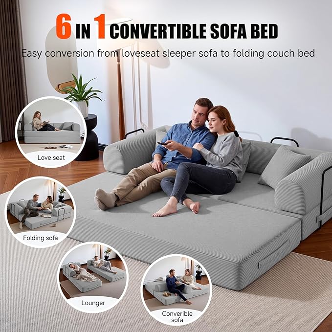 79" Compressed Sofa, Convertible Sofa Bed, Corduroy Compression Boneless Couch with Pillow, Comfy Modular Foldable Floor Sleeper Sofa for Bedroom, Living Room, Lounge, Studio (Light Gray)
