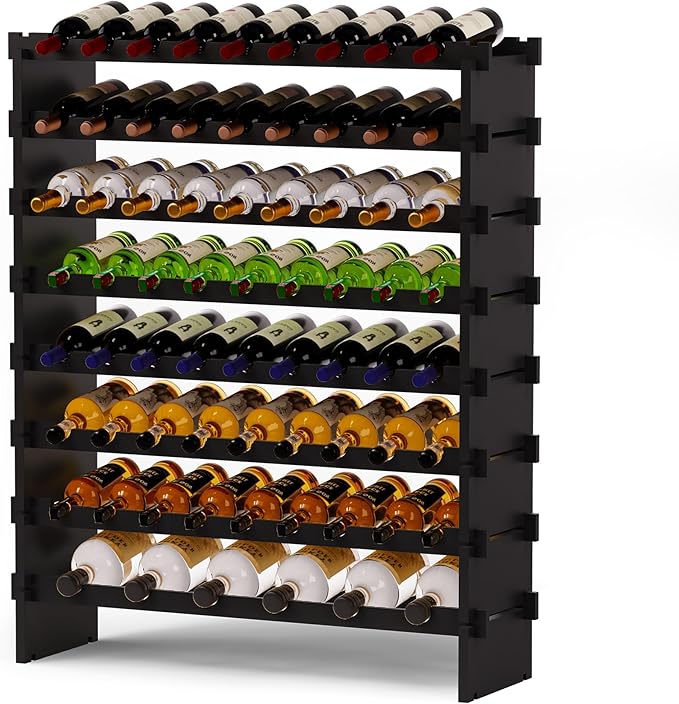 Wine Rack Freestanding Floor, Bamboo 8-Tier 69 Wine Bottle Holder Racks Countertop Cabinet Display, Wooden Stackable Modular Wine Storage Organizer Shelves for Kitchen Bar Cellar Dining Room Black