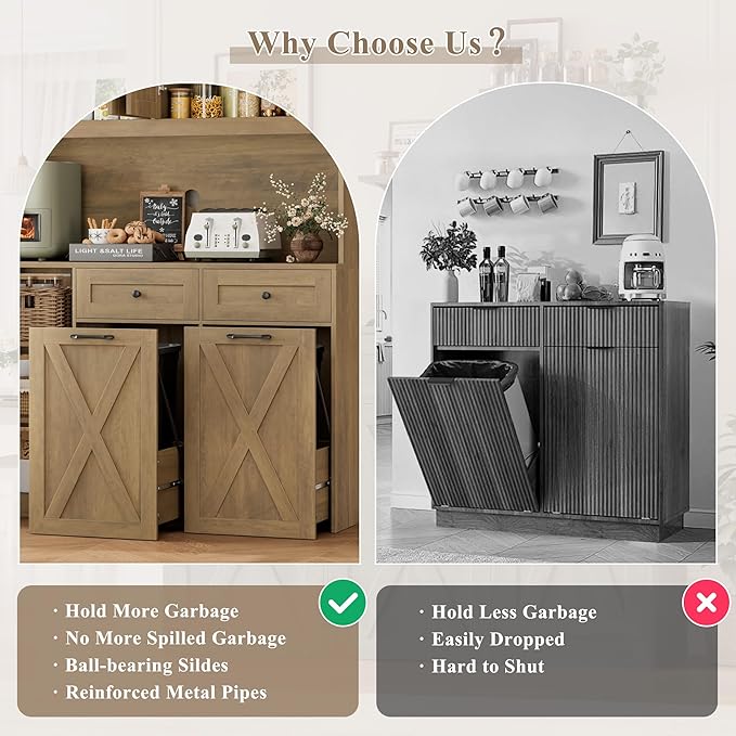 HOSTACK 71" H Kitchen Trash Can Hutch Cabinet, 12.5 Gallon Double Pull Out Garbage Can Hutch Cabinet with Trash Bin Storage Holders, 47" Wide Kitchen Pantry with Hidden Garbage Storage, Rustic Brown
