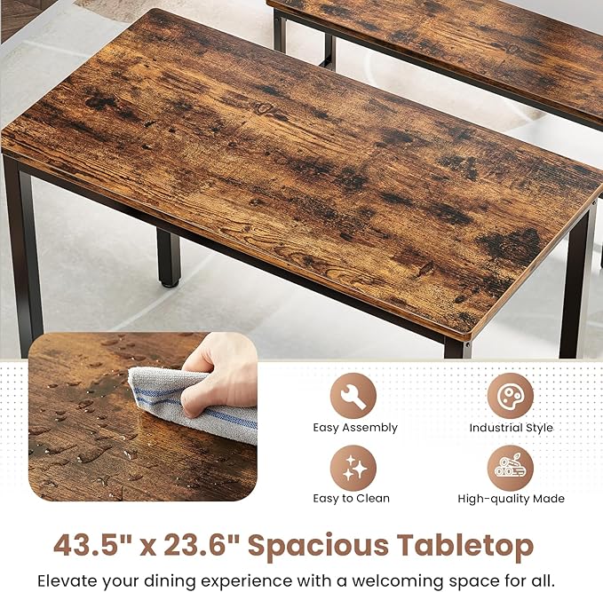 Dining Table Set for 4, Kitchen Table with 2 Benchs, Modern Functional 3-Piece Dining Room Table for Apartment Breakfast Nook and Samll Space, Brown