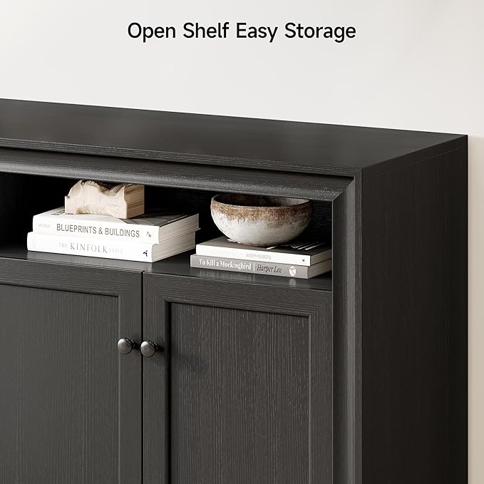 ONBRILL 60 Inches Sideboard Buffet Cabinet with Storage, 4 Doors Large Sideboard, Kitchen Cabinet with Open Shelf & Adjustable Shelf, Kitchen Coffee Bar Console Table for Living Room, Hallway, Black
