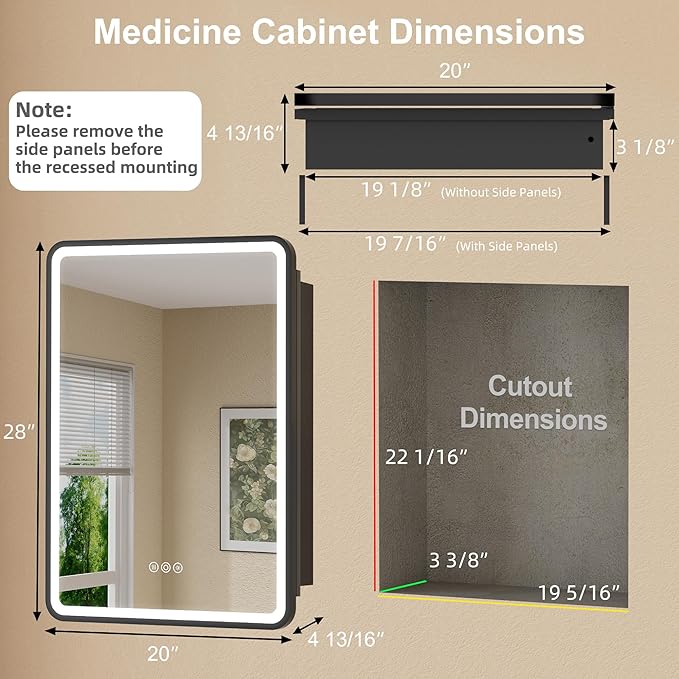 20 x 28 Inch Recessed Medicine Cabinet Mirror with Lights, Wall Mounted LED Bathroom Mirror Cabinet, Dimmable, Anti-Fog, Memory Function, 3 Color Modes, Adjustable Shelf, ETL Certified, Black